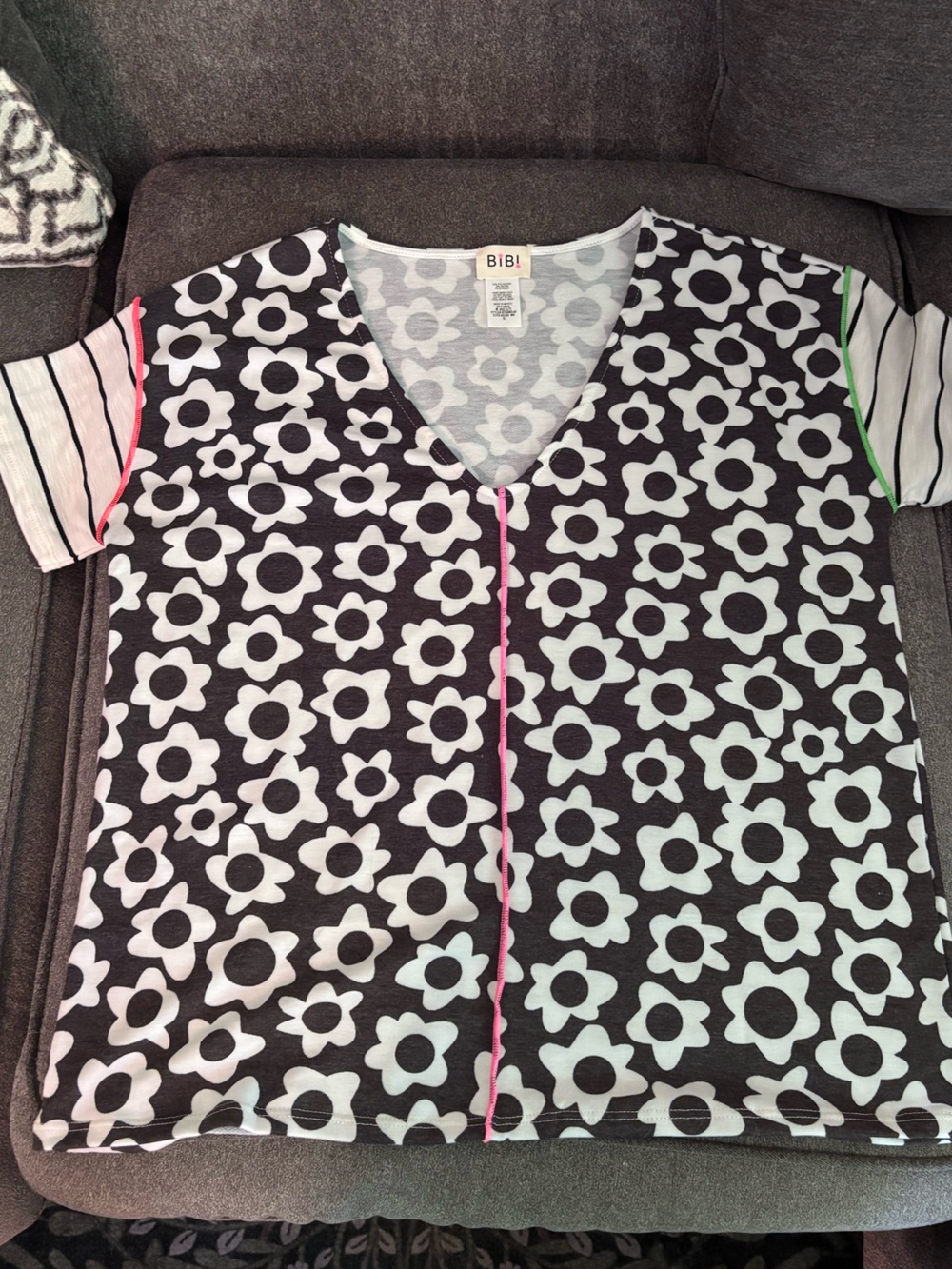 BiBi Black & White Floral oversized top with Pink Trim